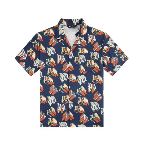 Palm Angels Shark Print Short-Sleeve Button-Up Shirt Blue - 8