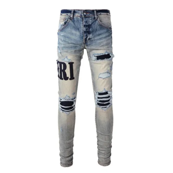 Amiri Distressed Logo Print Slim Fit Blue Jeans - 30