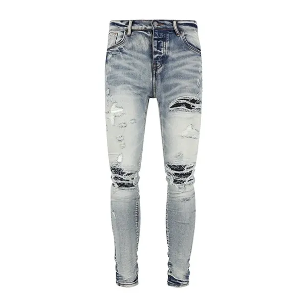 Amiri Distressed Logo Print Slim Fit Blue Jeans - 42