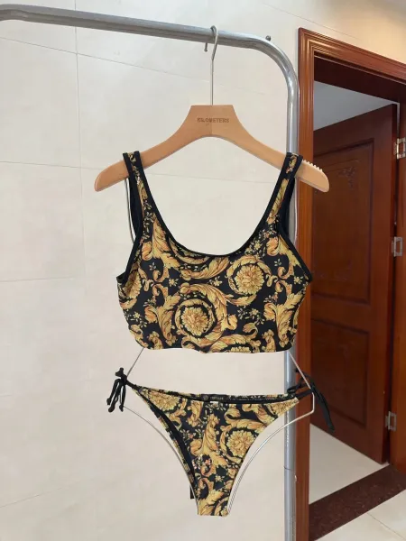 Versace Iconic Greca Pattern Blue Yellow Triangle Bikini Set - 18