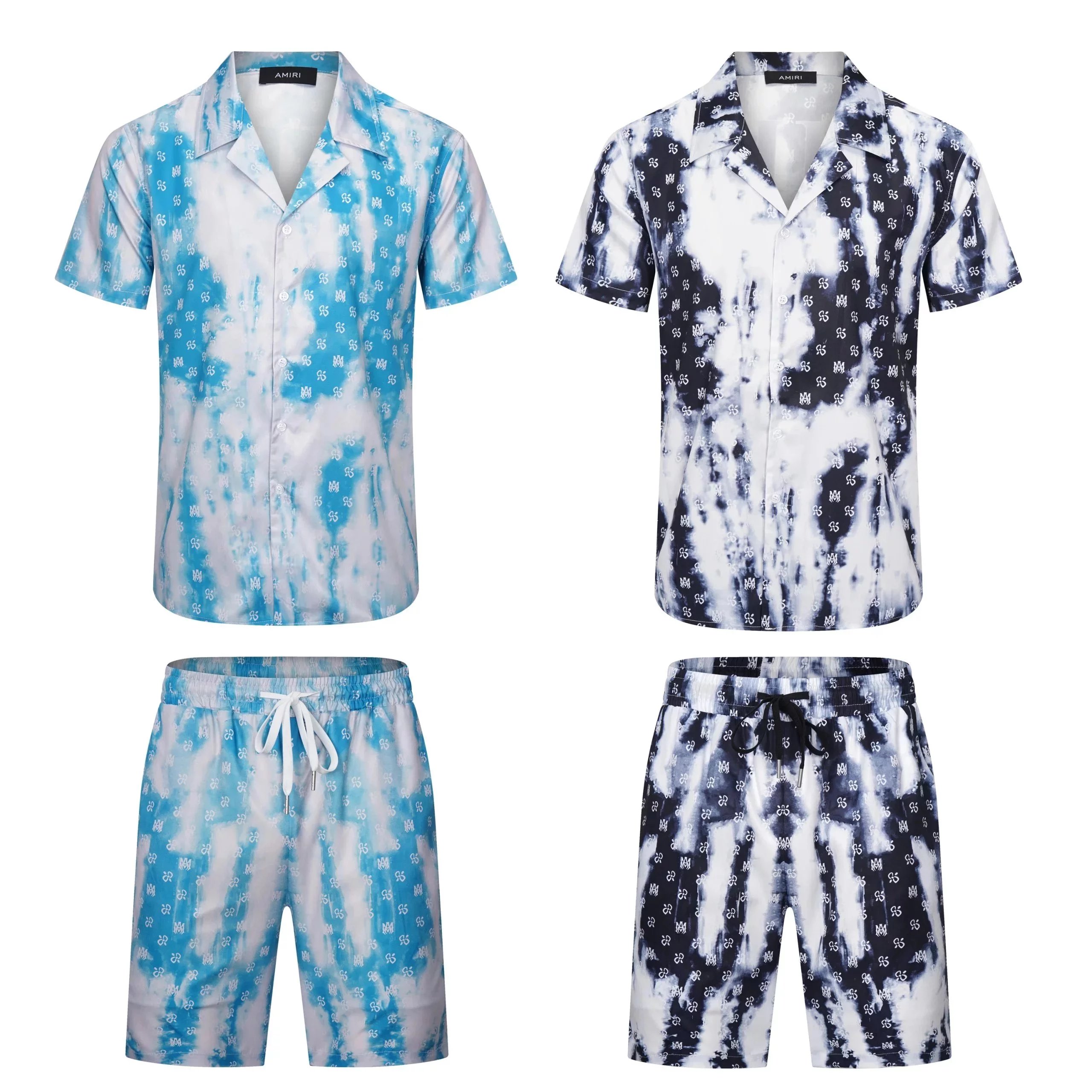 AMI Paris Tie-Dye Logo Print Shorts Navy and White - 12