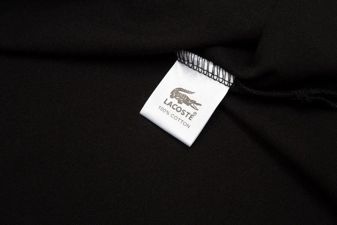 Lacoste Polo Shirt Black with Green Striped Collar and Star Print Cuff Tops.polo - 8