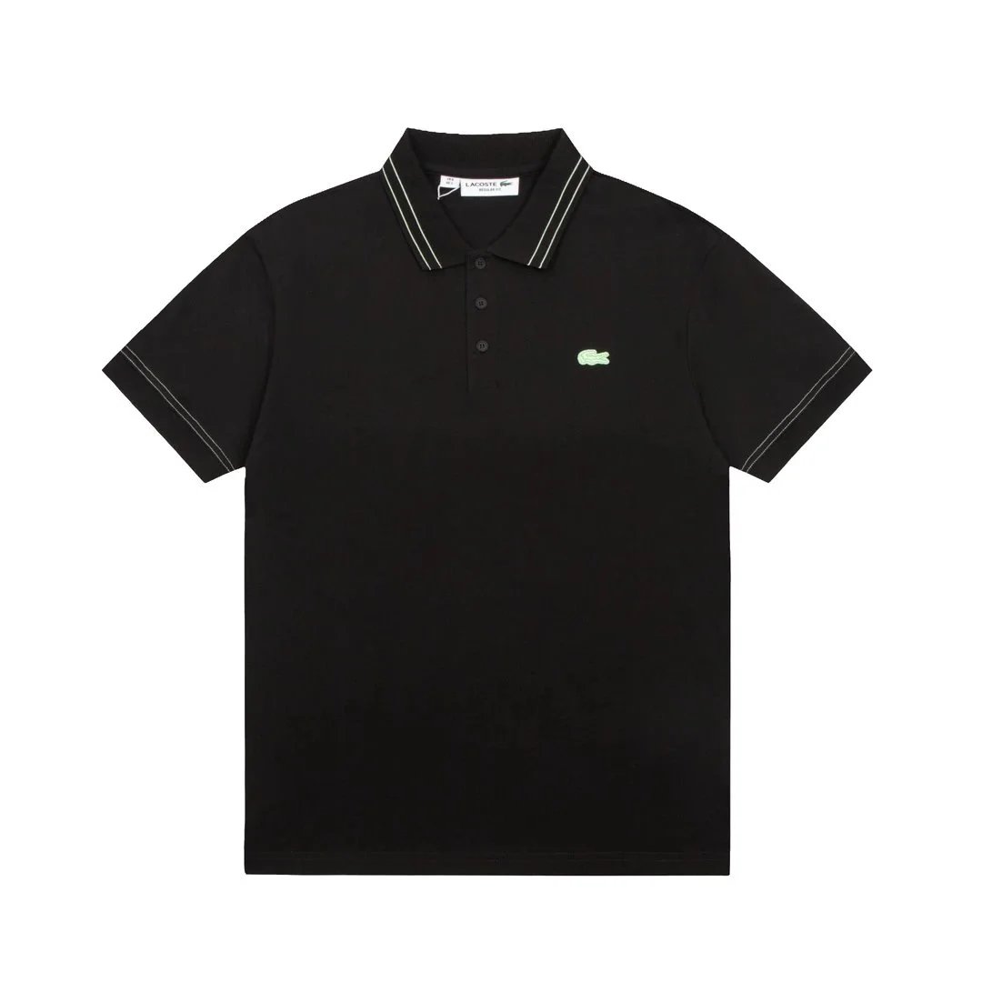 Lacoste Polo Shirt Black with Green Striped Collar and Star Print Cuff Tops.polo - 10