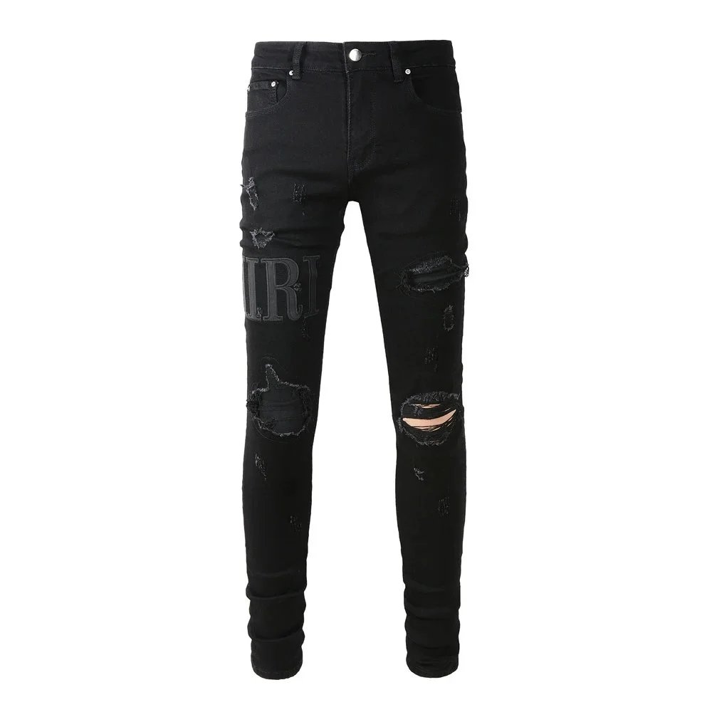 Distressed Printed Patchwork Black Jeans - 30