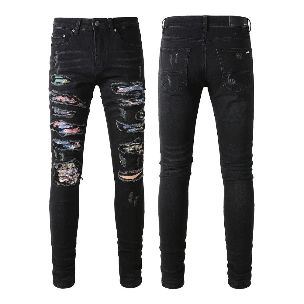 Distressed Printed Patchwork Black Jeans - 33