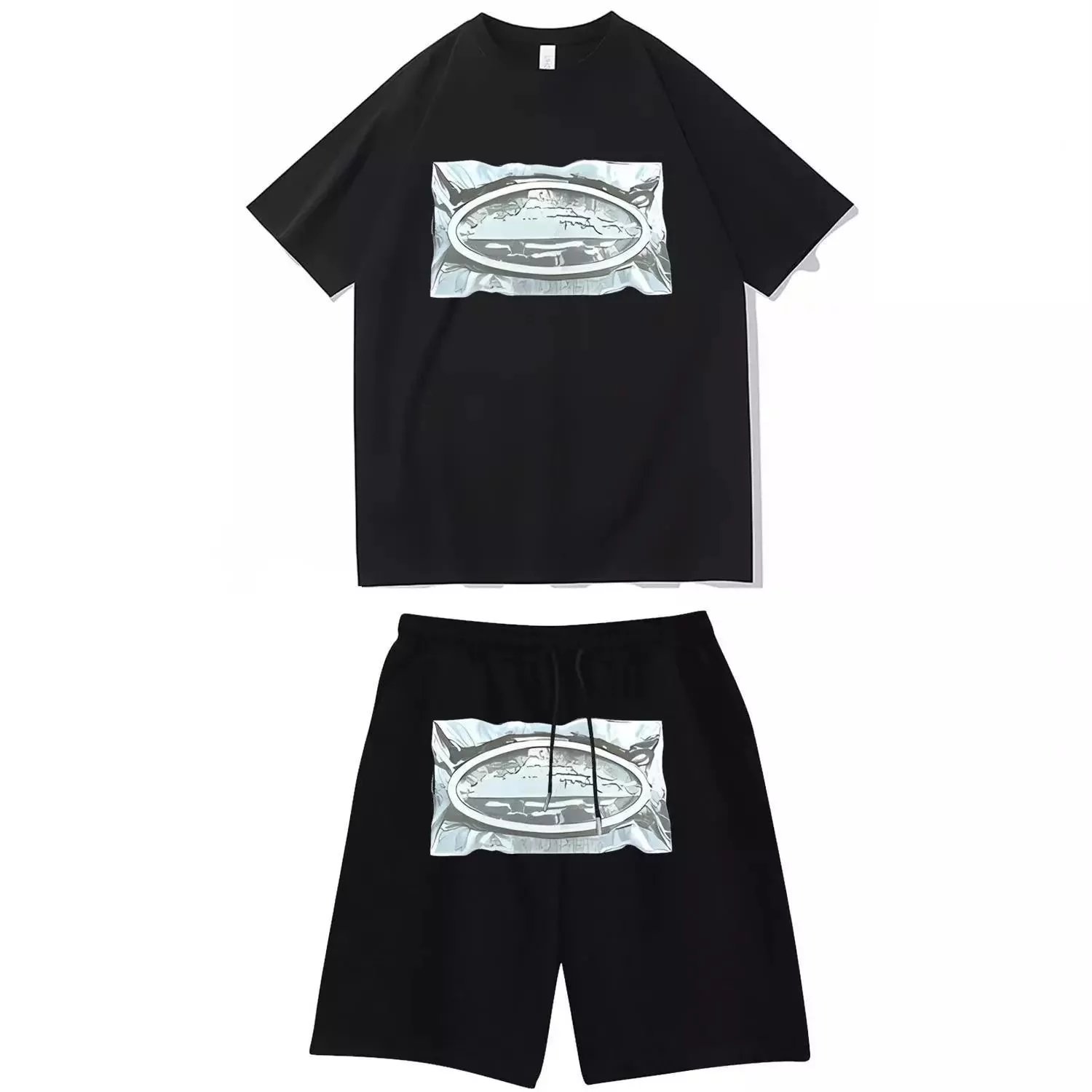 Off-White x Unknown Collaboration Crumpled Foil Oval Print T-Shirt and Shorts Set White/Black - 15