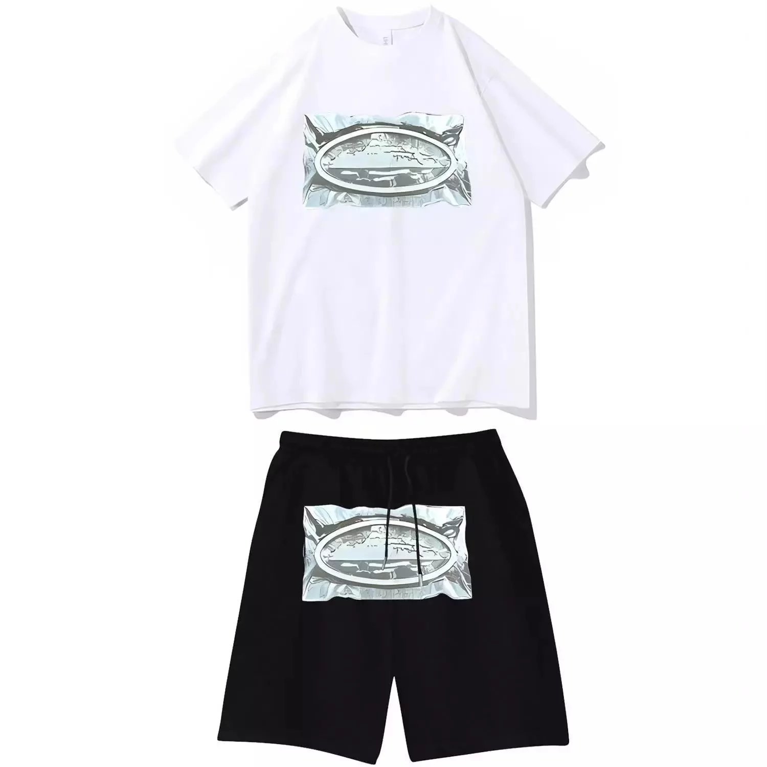 Off-White x Unknown Collaboration Crumpled Foil Oval Print T-Shirt and Shorts Set White/Black - 16