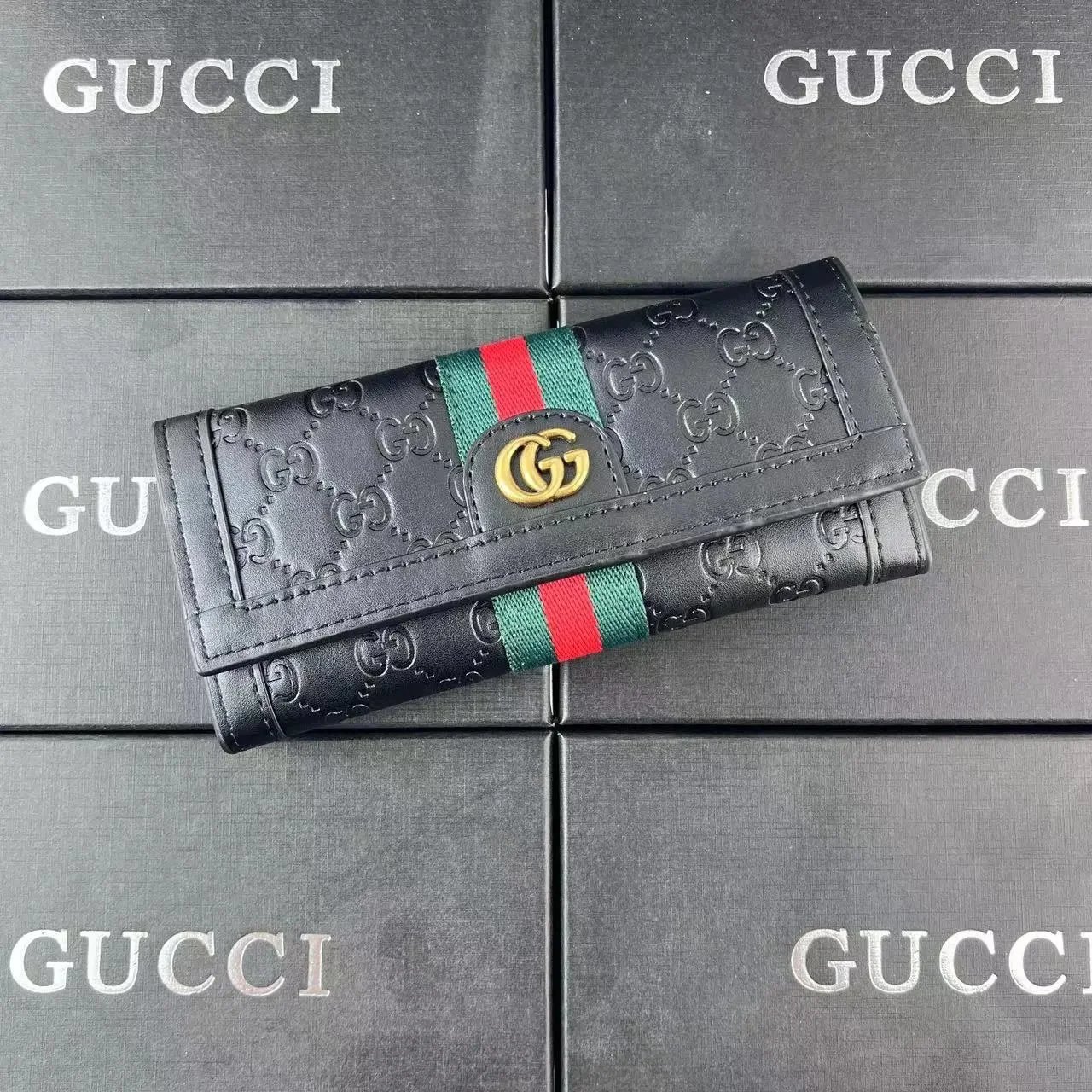 Gucci Black Embossed Wallet with Red and Green Stripe