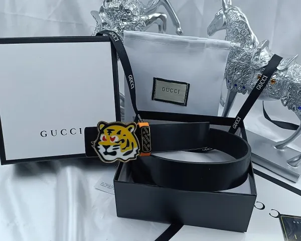 Gucci Tiger Head Buckle Leather Belt Black - 1
