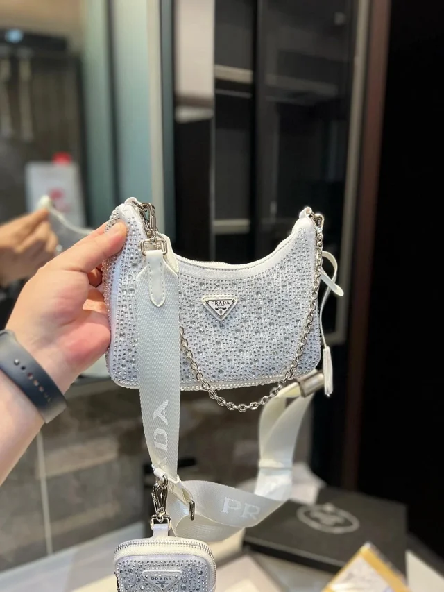 Prada Crossbody Bags Woven striped mini tote with logo webbing strap product detail image 21