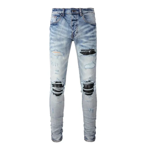 Amiri Distressed Logo Print Slim Fit Blue Jeans - 25