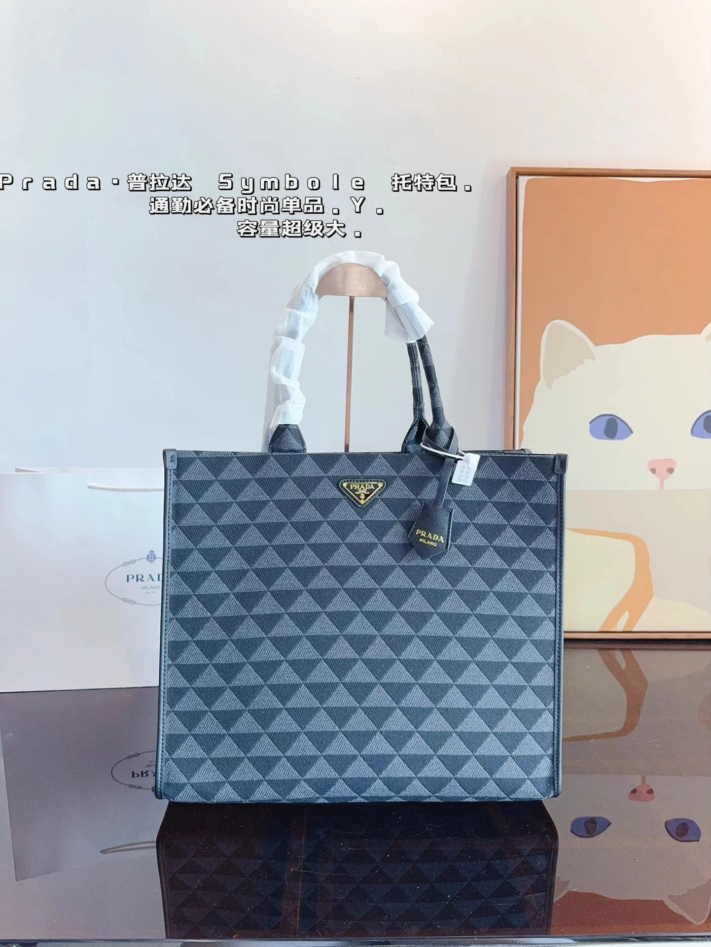 Prada Re-Edition 2005 Straw Tote Bag Beige/Black - 33