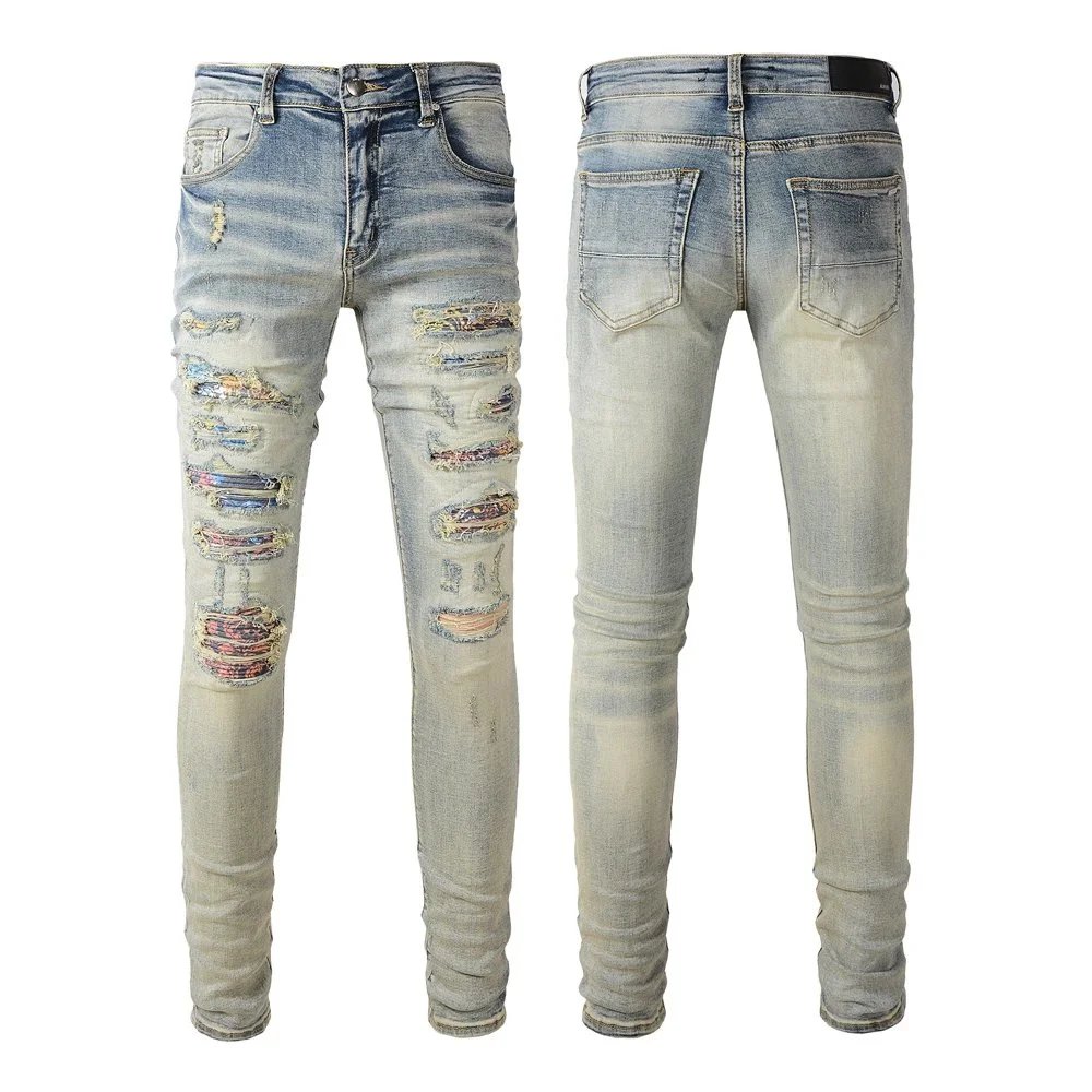 Distressed Printed Patchwork Black Jeans - 32