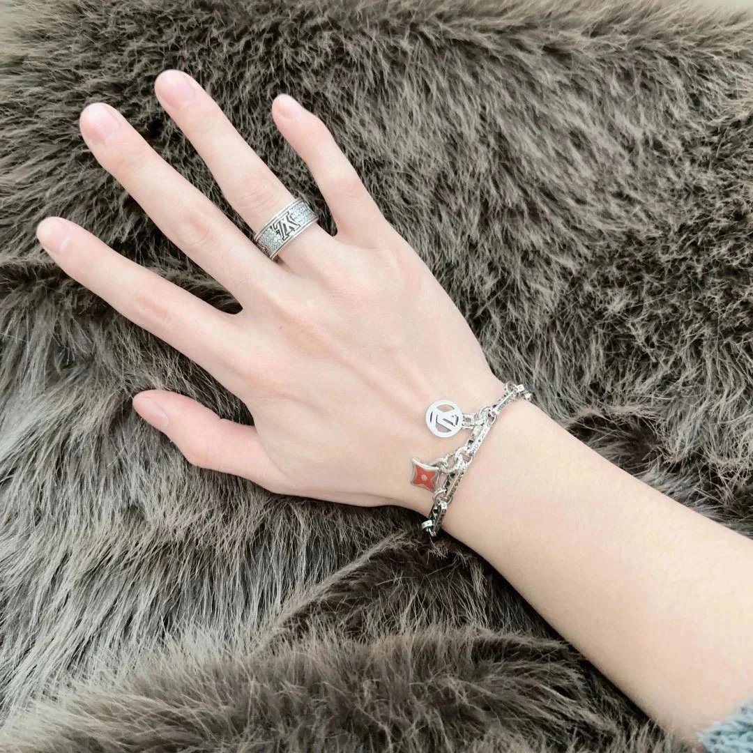 Louis Vuitton Monogram Flower Charm Bracelet Silver Green Jewelry - 5