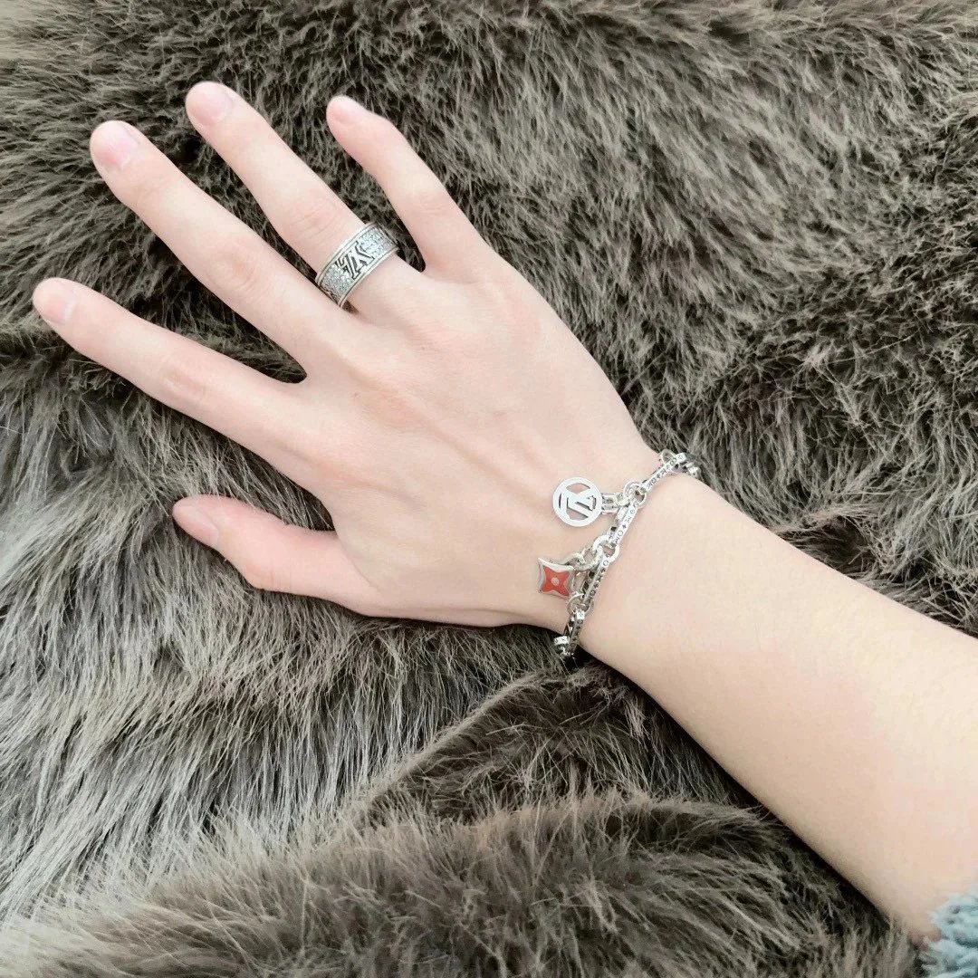 Louis Vuitton Monogram Flower Charm Bracelet Silver Green Jewelry - 10