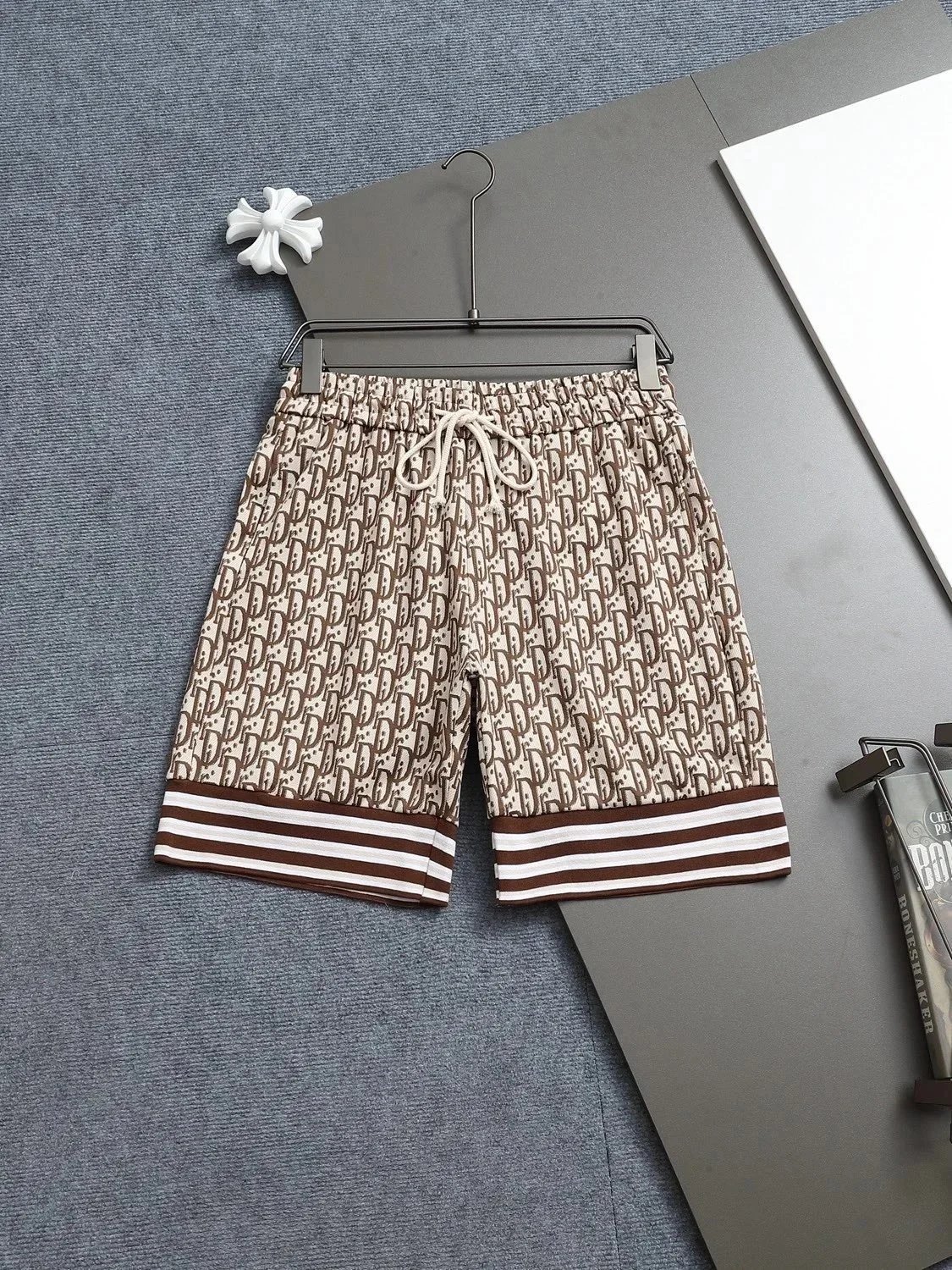 Dior Oblique Print Shorts Beige Brown Striped Cuff Shorts - 37