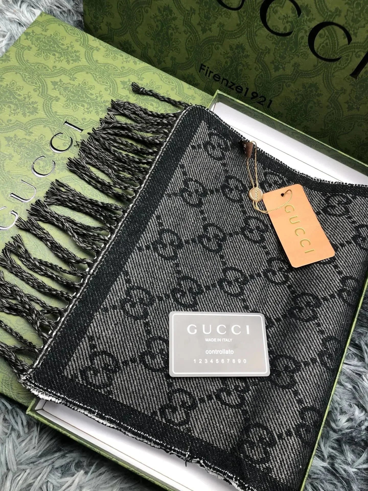 Gucci GG Marmont Knit Scarf Navy Blue with Gray Stripes Scarves - 2