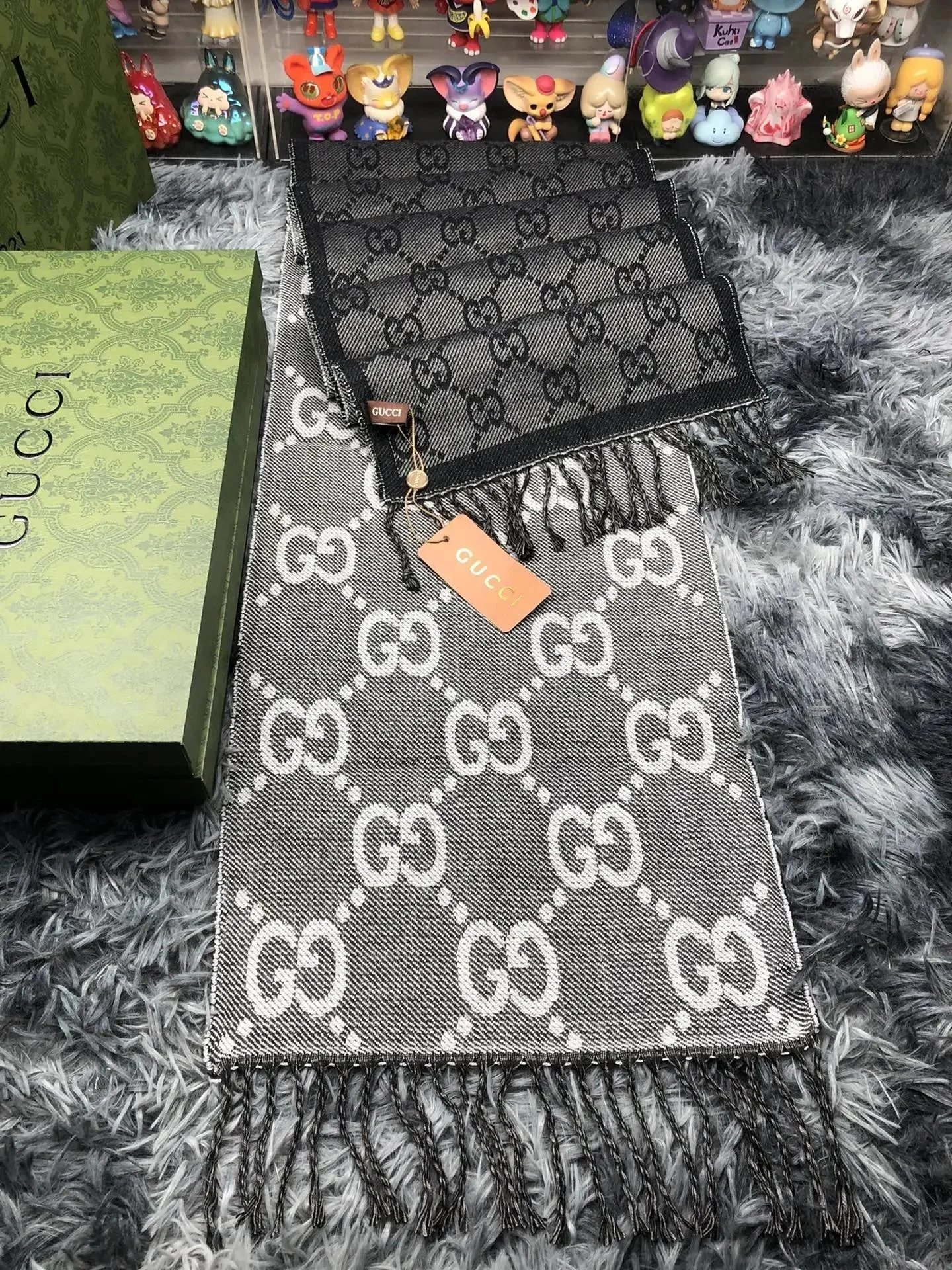 Gucci GG Marmont Knit Scarf Navy Blue with Gray Stripes Scarves - 7