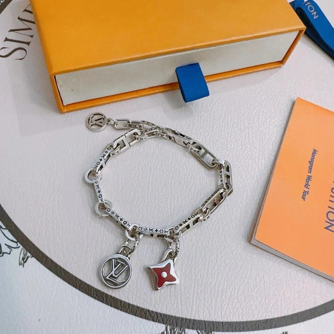 Louis Vuitton Monogram Flower Charm Bracelet Silver Green Jewelry - 2