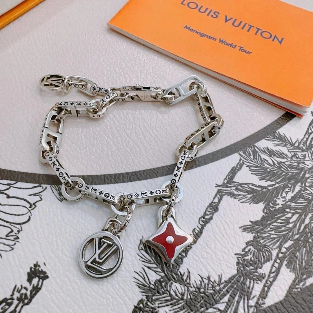 Louis Vuitton Monogram Flower Charm Bracelet Silver Green Jewelry - 6