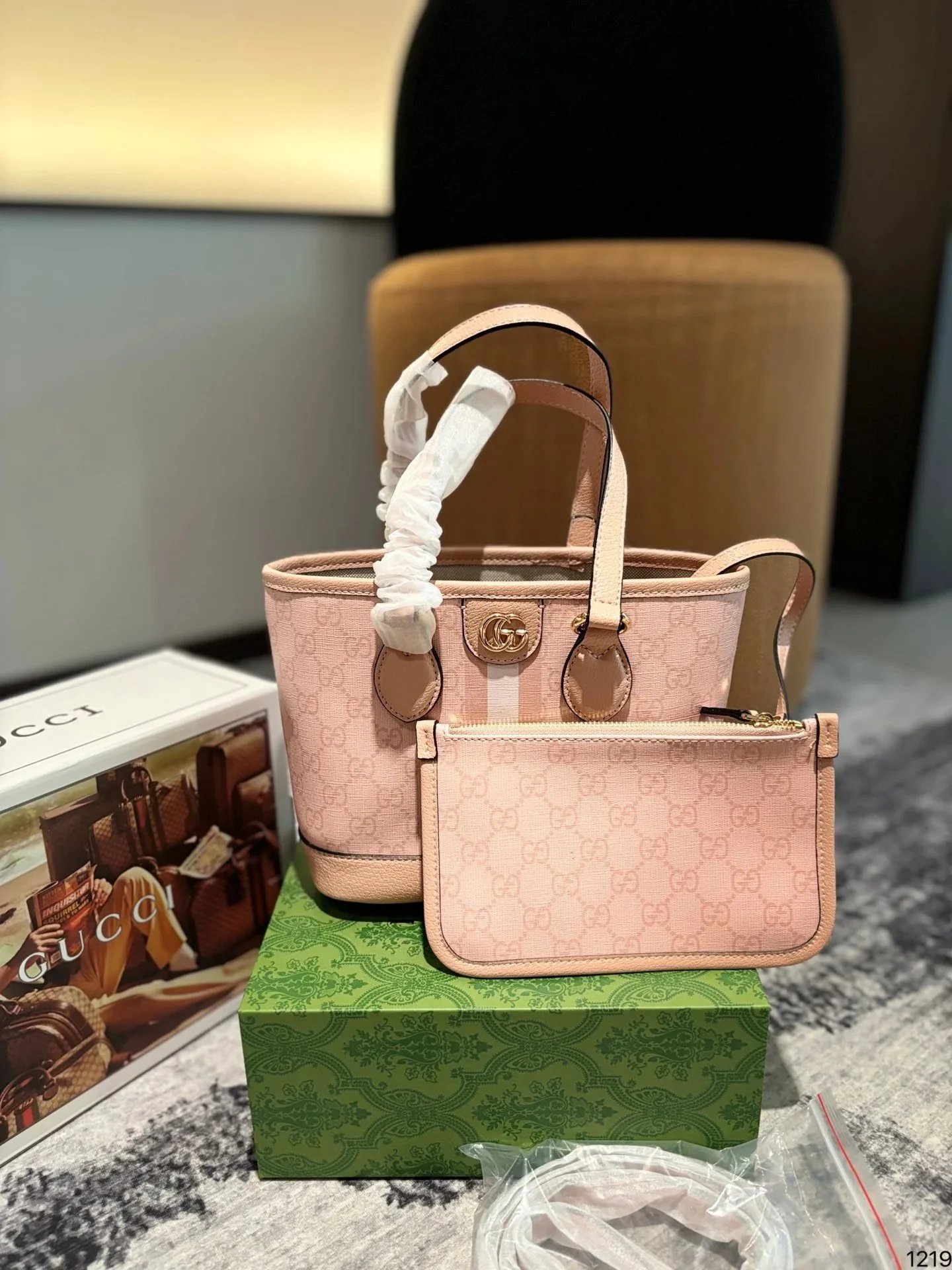 Gucci Hobo Bucket Bag Beige Brown GG Monogram with Web Stripe Shoulder Bag - 25