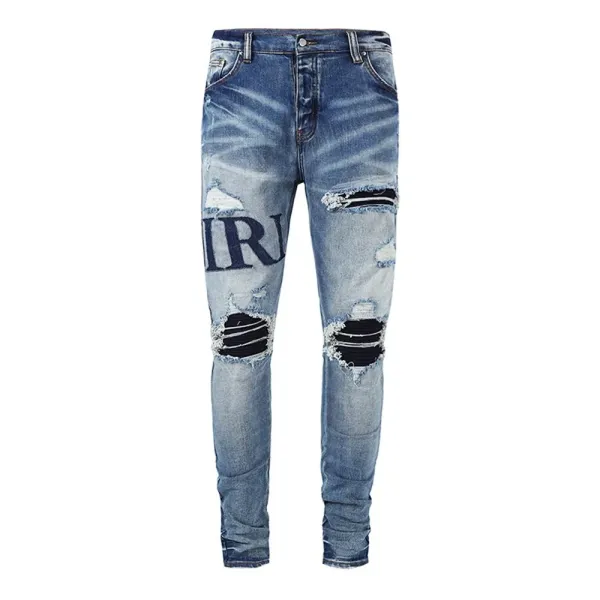 Amiri Distressed Logo Print Slim Fit Blue Jeans - 36