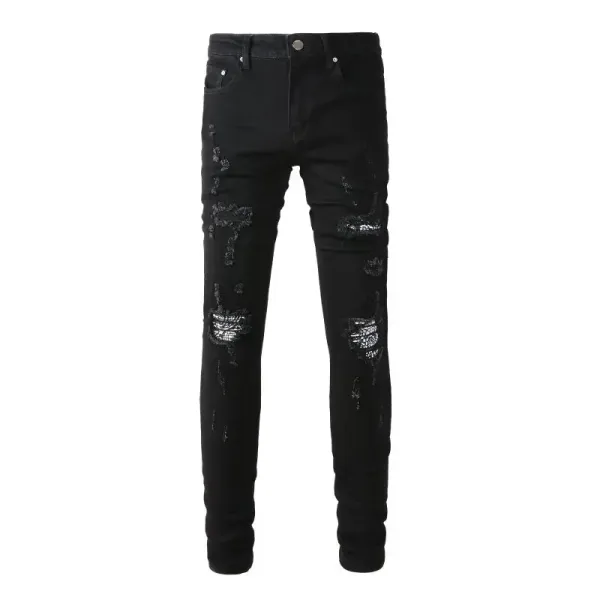 Distressed Printed Patchwork Black Jeans - 23