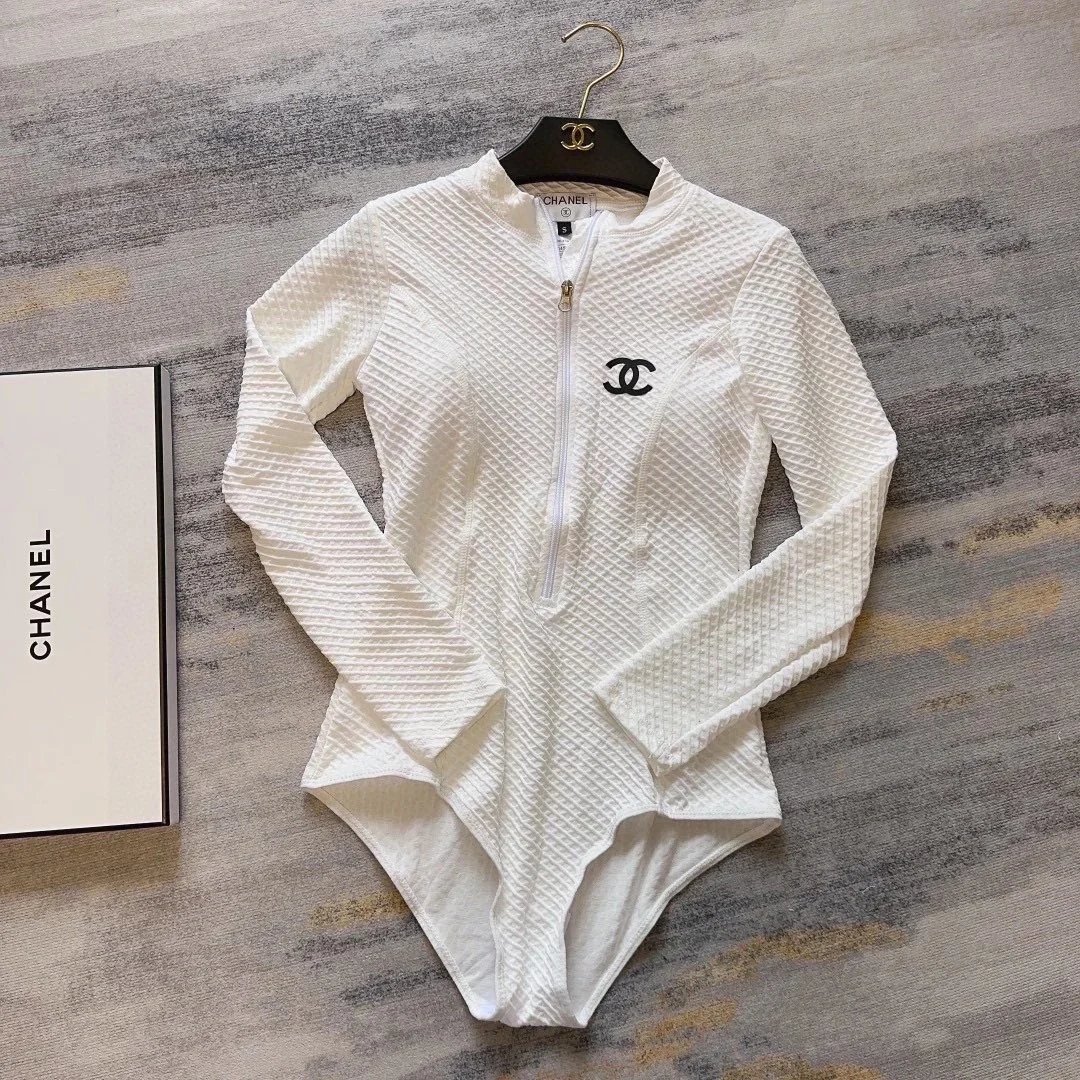Chanel Quilted Zip-Front Bodysuit White Activewear - 31