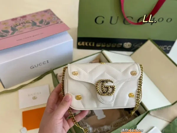 Gucci GG Marmont Mini Shoulder Bag Beige Canvas with Brown Leather Trim - 13