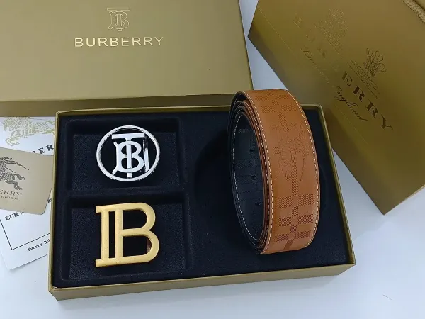 Burberry TB Monogram Leather Belt with Interchangeable Buckles Tan - 4