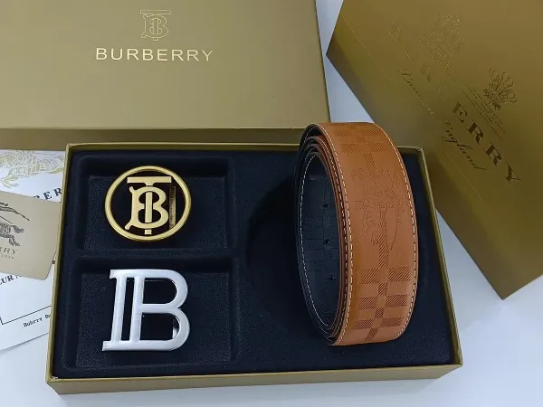 Burberry TB Monogram Leather Belt with Interchangeable Buckles Tan - 12