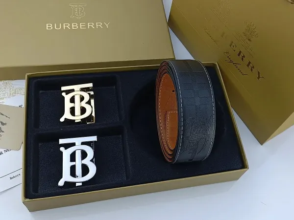 Burberry TB Monogram Leather Belt with Interchangeable Buckles Tan - 29