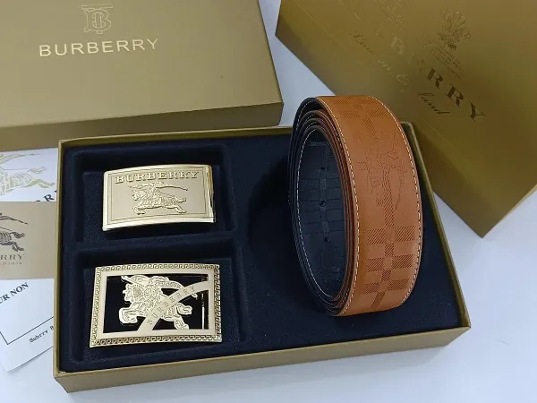 Burberry Classic Check Leather Belt with Interchangeable Buckles Tan Leather Belt - 7