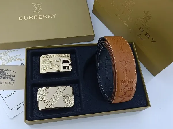 Burberry Classic Check Leather Belt with Interchangeable Buckles Tan Leather Belt - 20