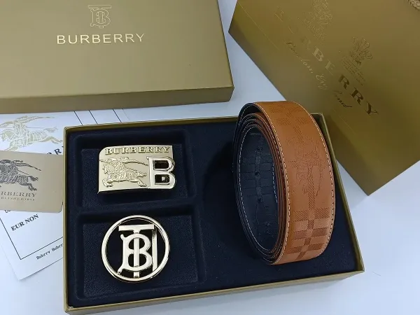 Burberry Classic Check Leather Belt with Interchangeable Buckles Tan Leather Belt - 26