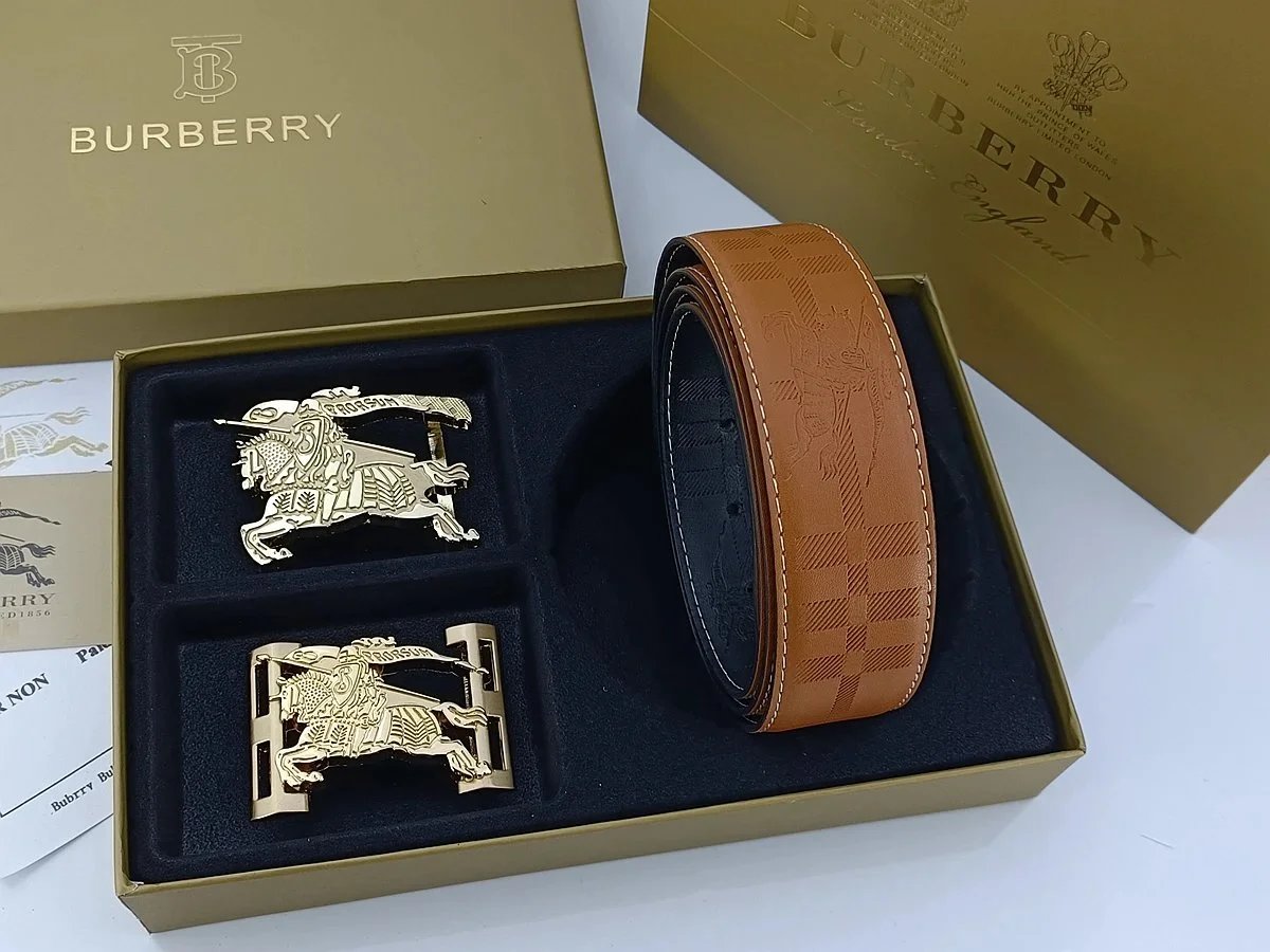 Burberry Equestrian Knight & Monogram B Buckle Leather Belt Tan - 14