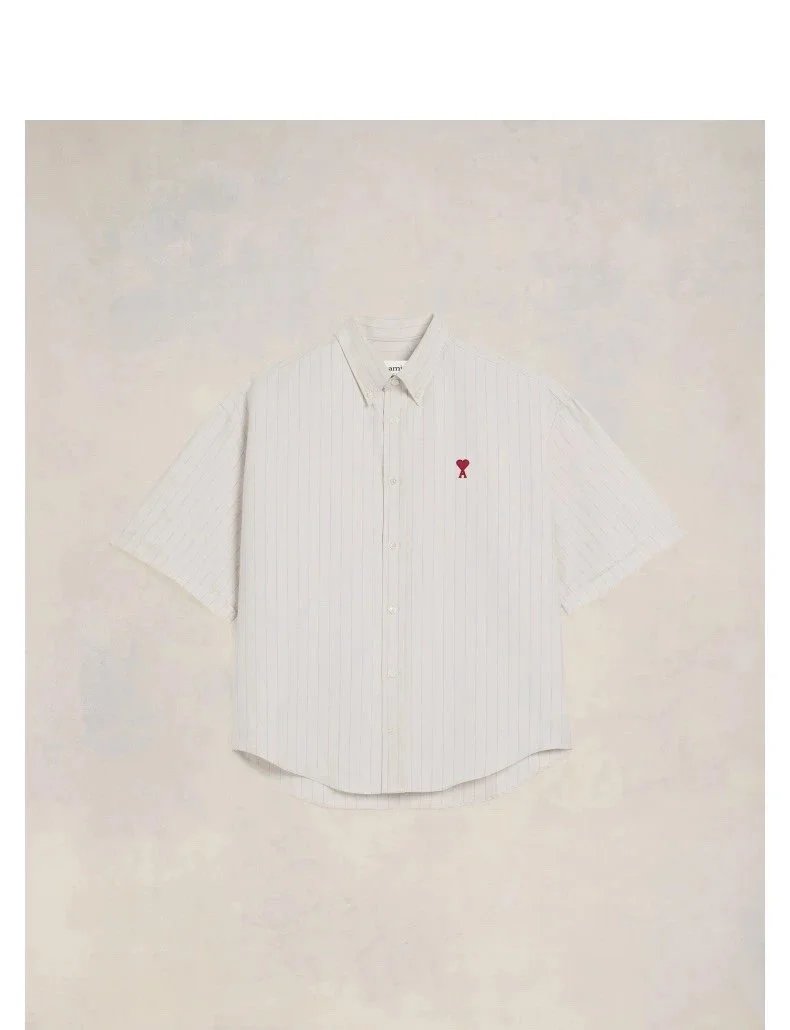 Ami Alexandre Mattiussi Short-Sleeve Stripe Shirt in Charcoal and Sky Blue - 16