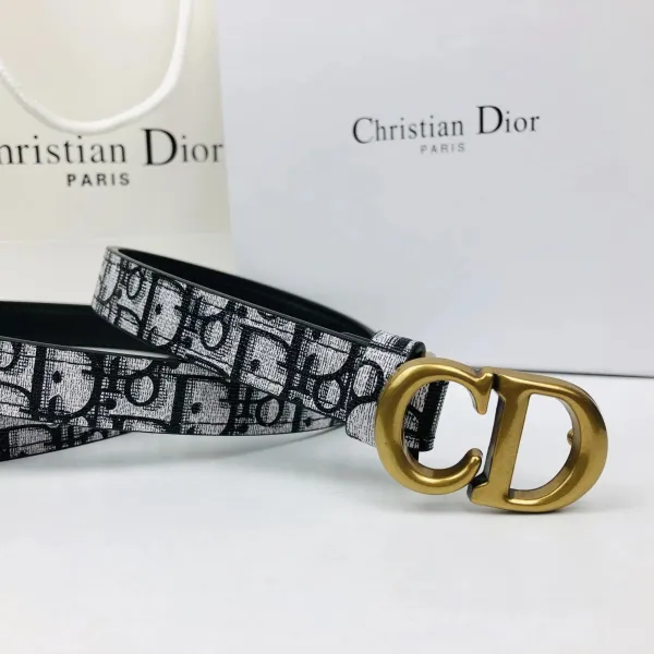 Dior CD Oblique Print Belt Black and White with Gold-Tone Buckle - 6