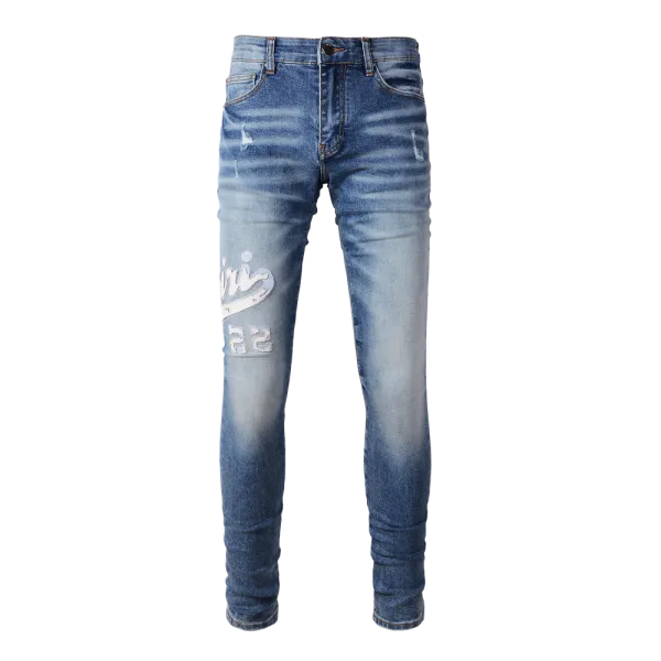 Amiri Distressed Logo Print Slim Fit Blue Jeans - 21