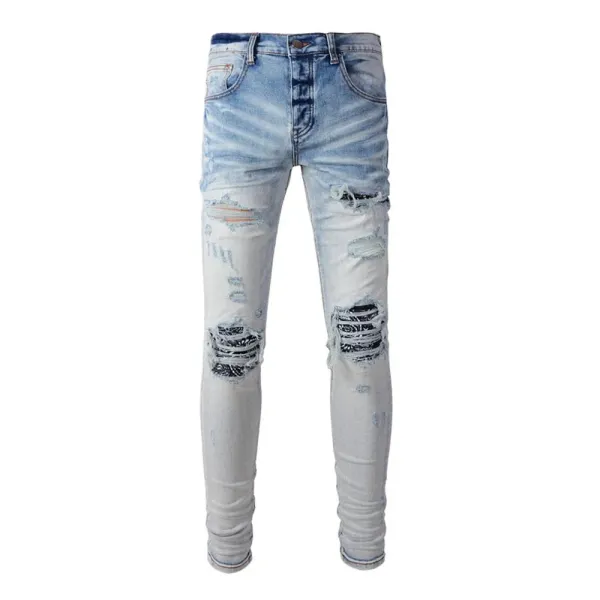 Amiri Distressed Logo Print Slim Fit Blue Jeans - 38