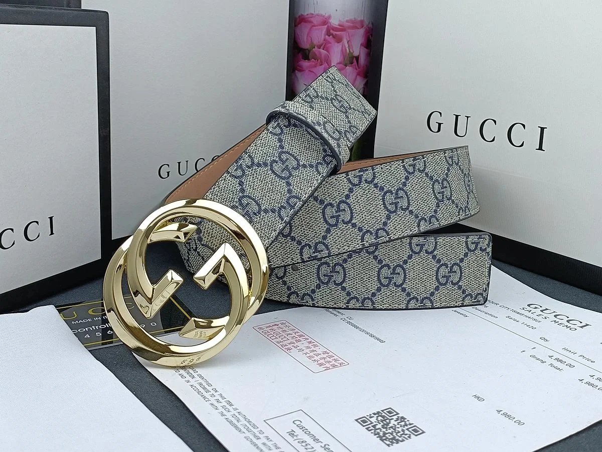 Gucci GG Marmont Canvas Belt Beige Blue Gold Buckle Belt - 1