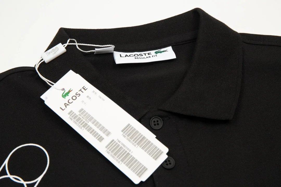 Lacoste Polo Shirt Black with Green Striped Collar and Star Print Cuff Tops.polo - 3