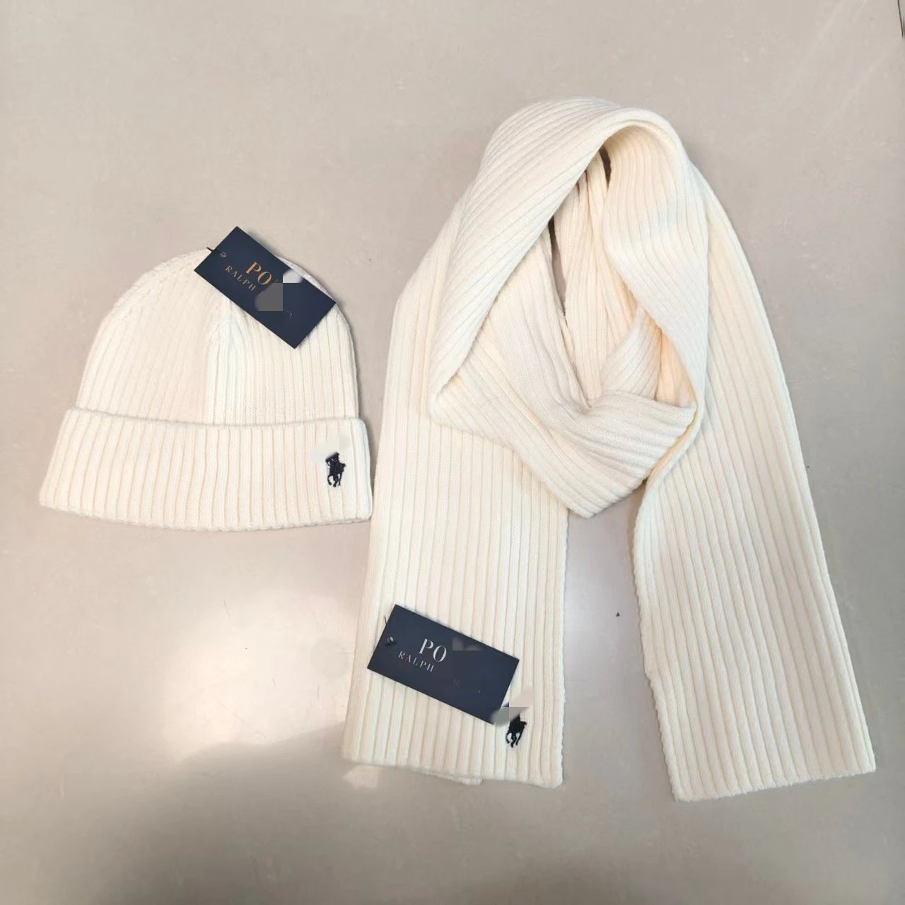 Polo Ralph Lauren Ribbed Knit Beanie and Scarf Set Ivory Accessories