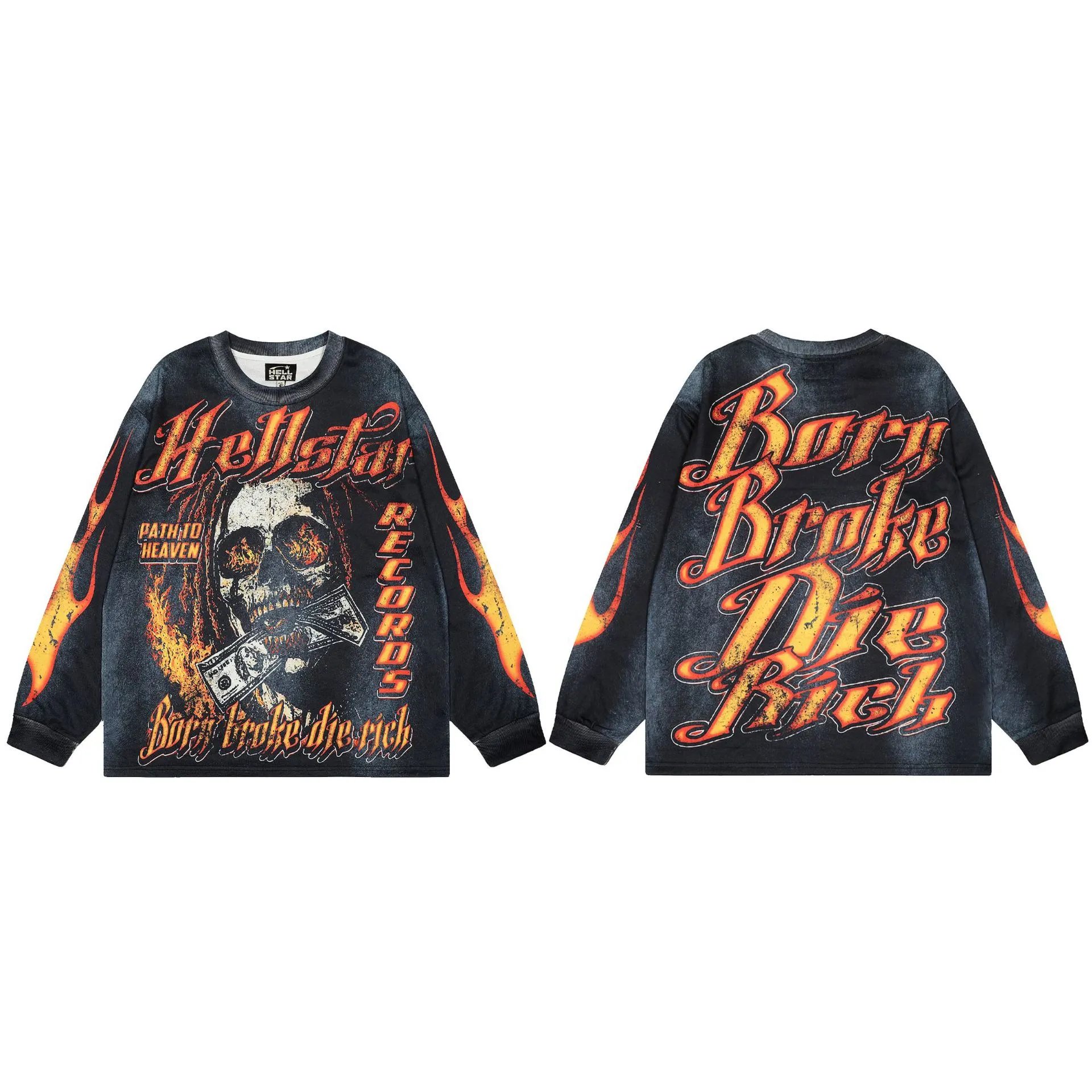Hellstar Born Broke Die Rich Long Sleeve Graphic Tee Black - 1