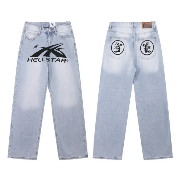 Hellstar Logo Print Light Wash Wide-Leg Jeans - 18