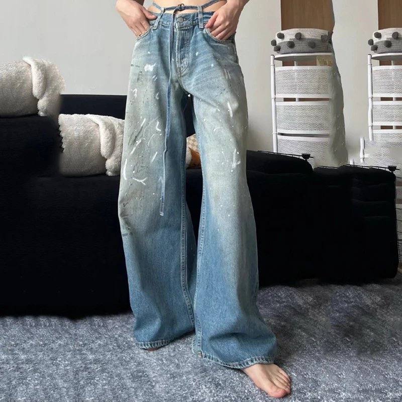 Distressed Wide Leg Denim Jeans Assorted Washes Artistic Style
