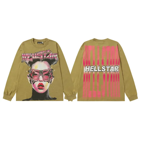 Hellstar Cyberpunk Graphic Long Sleeve T-Shirt Olive Green - 1