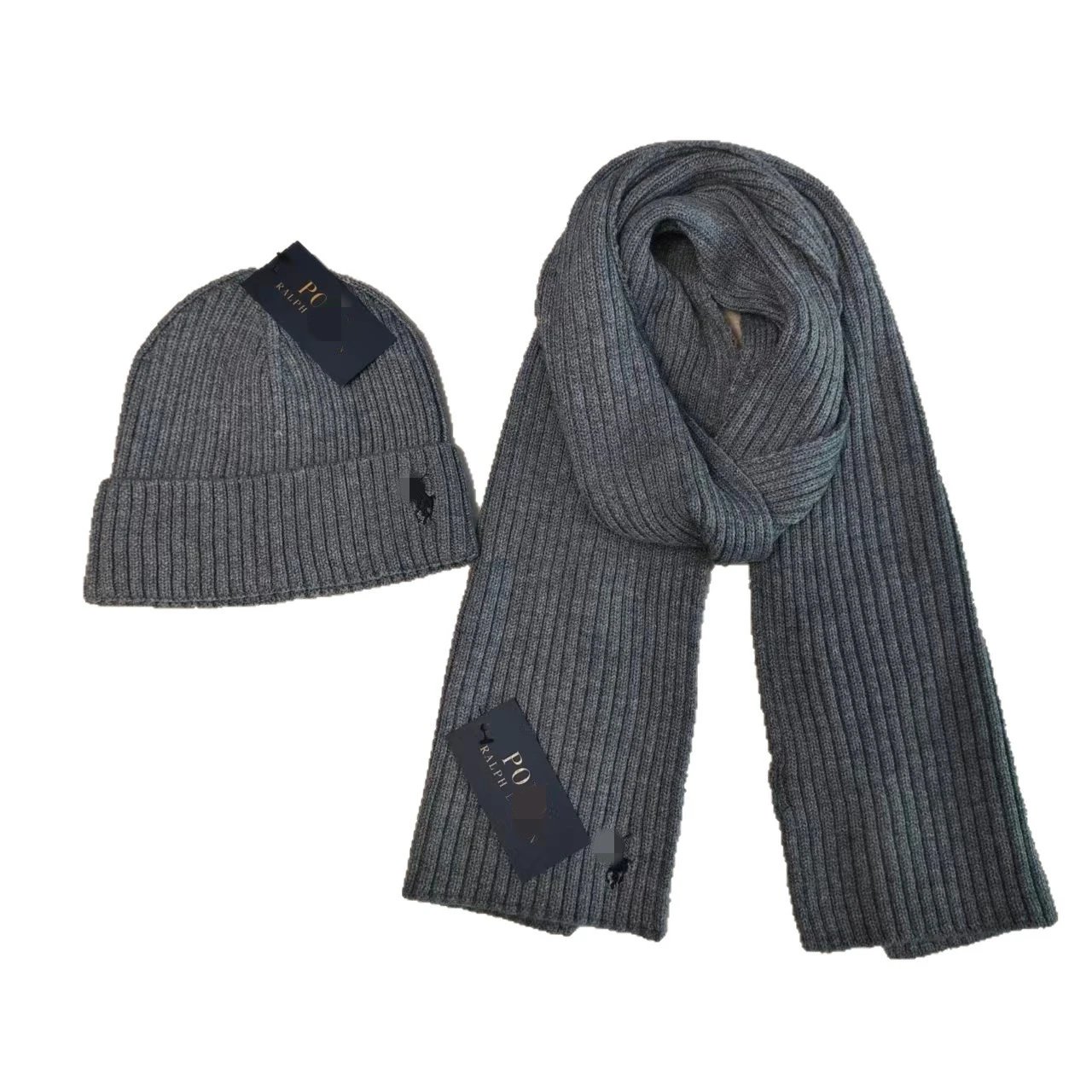 Polo Ralph Lauren Beige Navy Black White Red Gray Tan Ribbed Knit Hat And Scarf Set