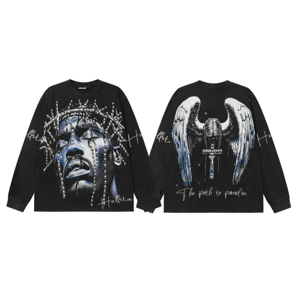 Hellstar Crowned Face & Angel Wings Long-Sleeve Graphic Tee Black - 1