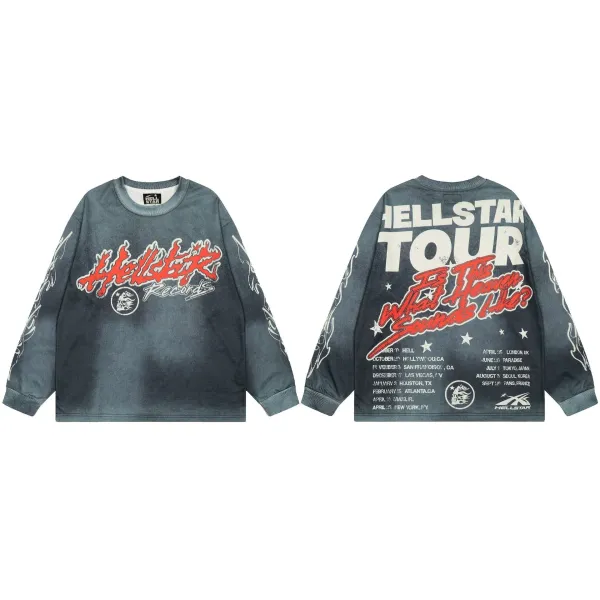 Hellstar Records Tour Long-Sleeve Tee Gray Washed Streetwear T-Shirt - 1